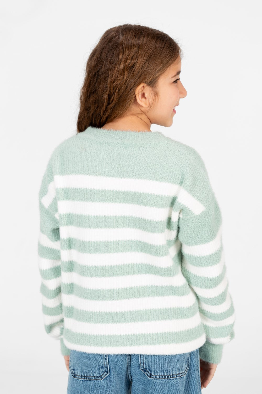 Girl's Round Neck Long Sleeves Striped Jakar Pullover Sweater
