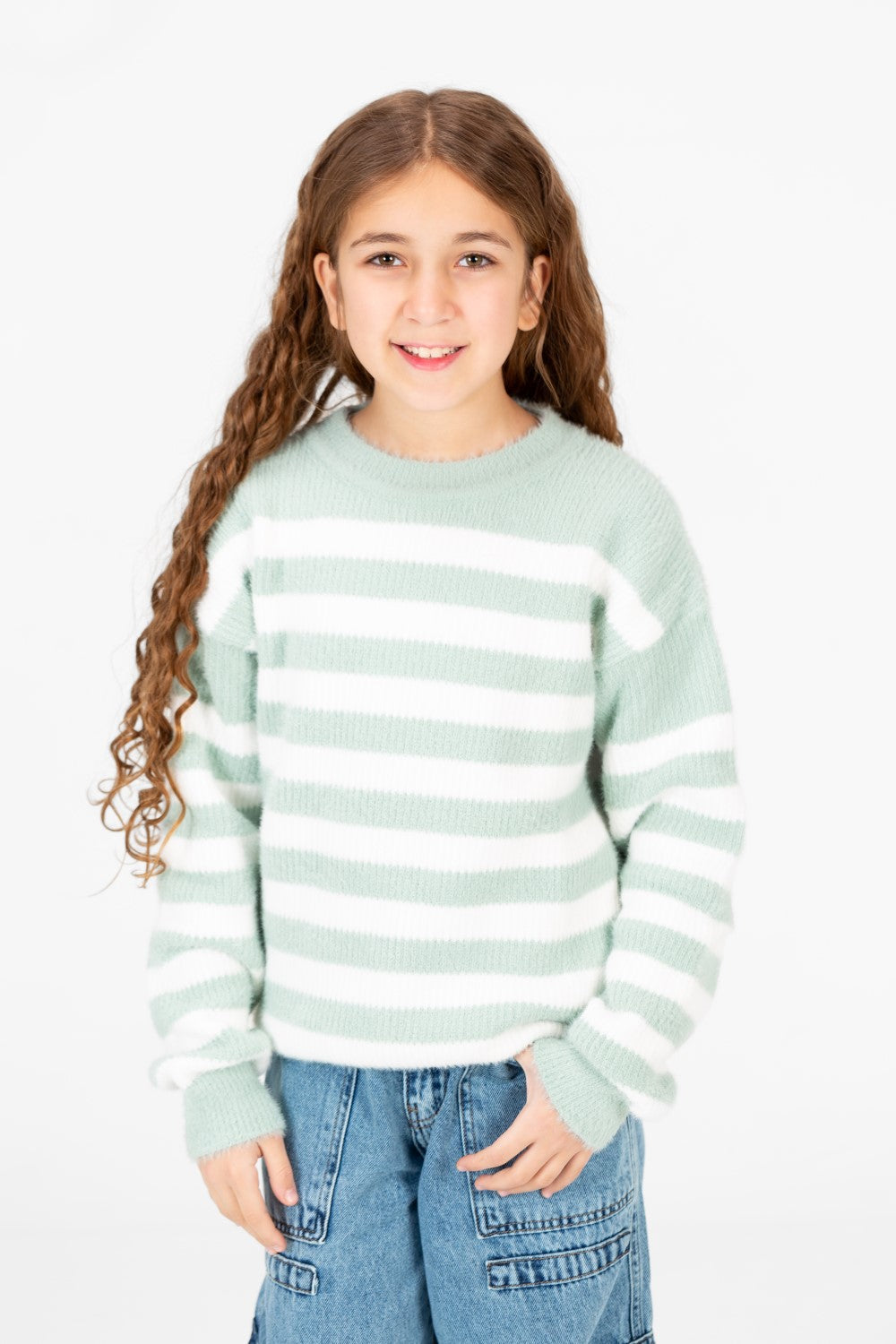 Girl's Round Neck Long Sleeves Striped Jakar Pullover Sweater