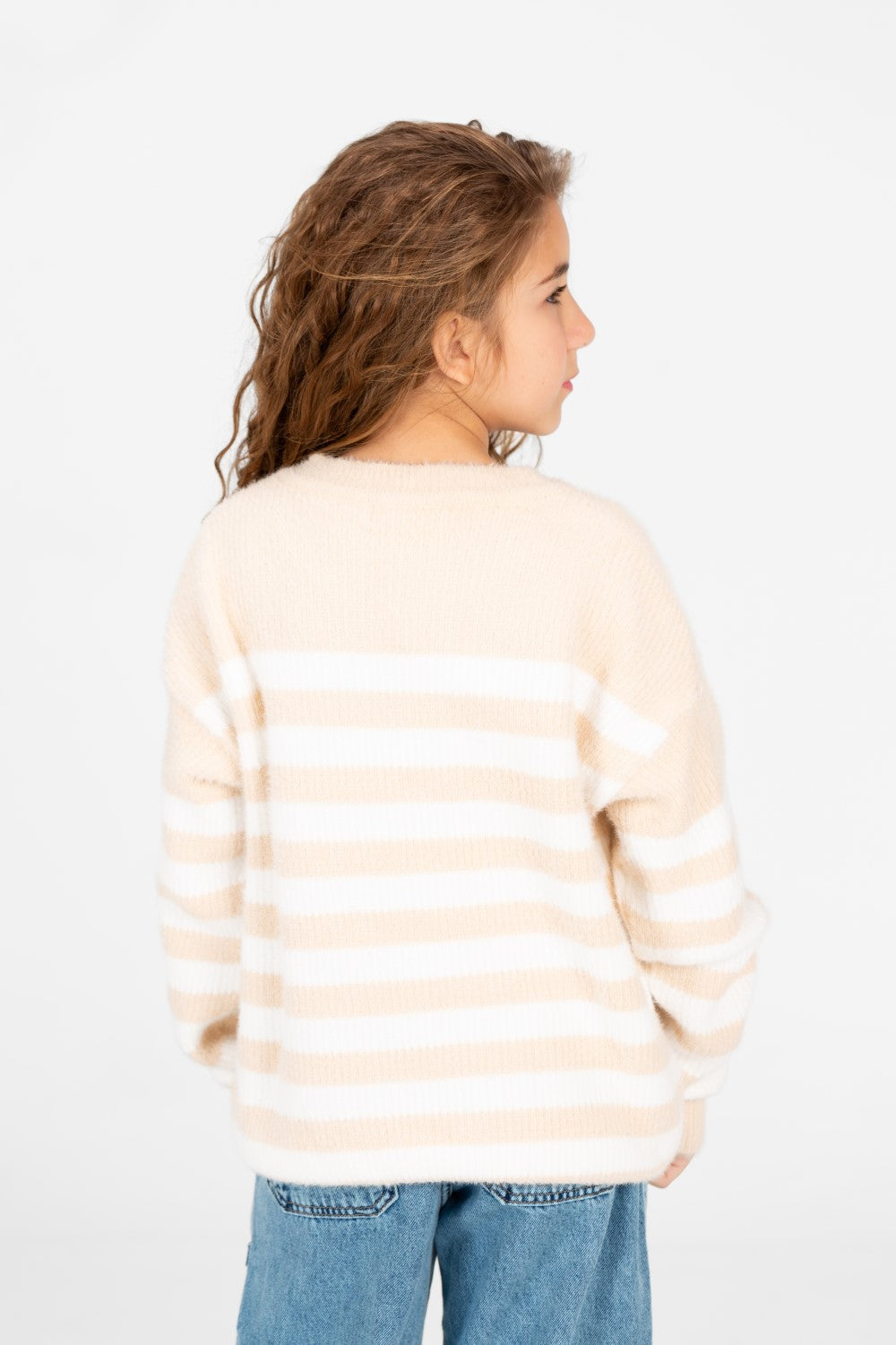 Girl's Round Neck Long Sleeves Striped Jakar Pullover Sweater