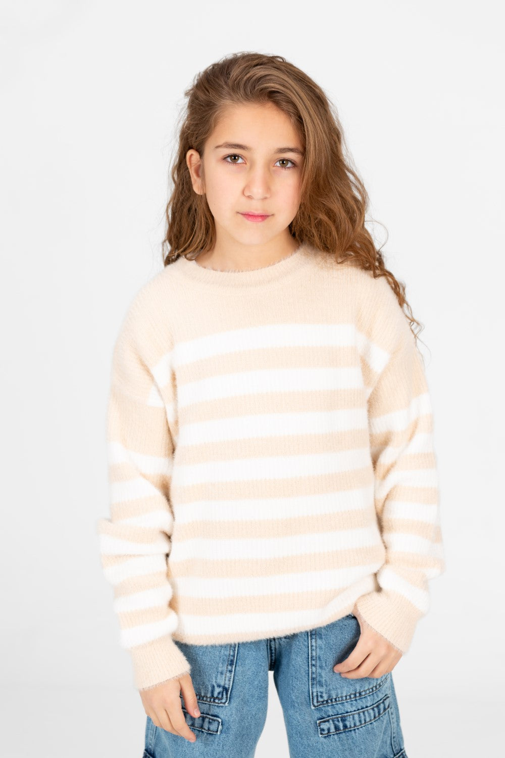 Girl's Round Neck Long Sleeves Striped Jakar Pullover Sweater