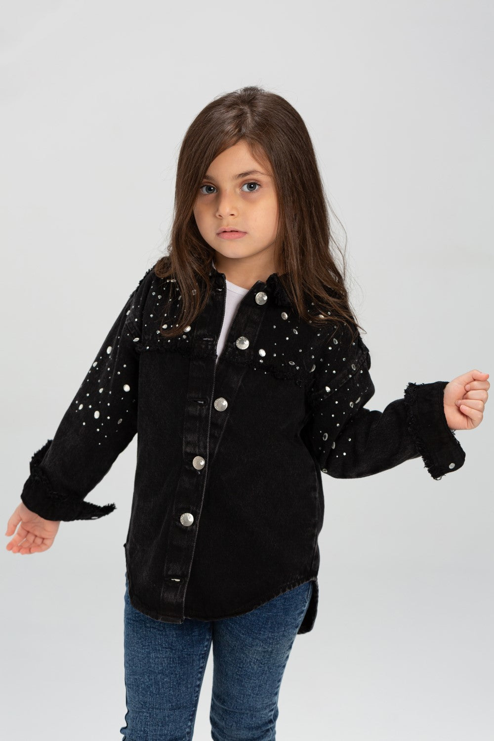 Girl's Denim Front Printed Unique Details Long Sleeves Shirt