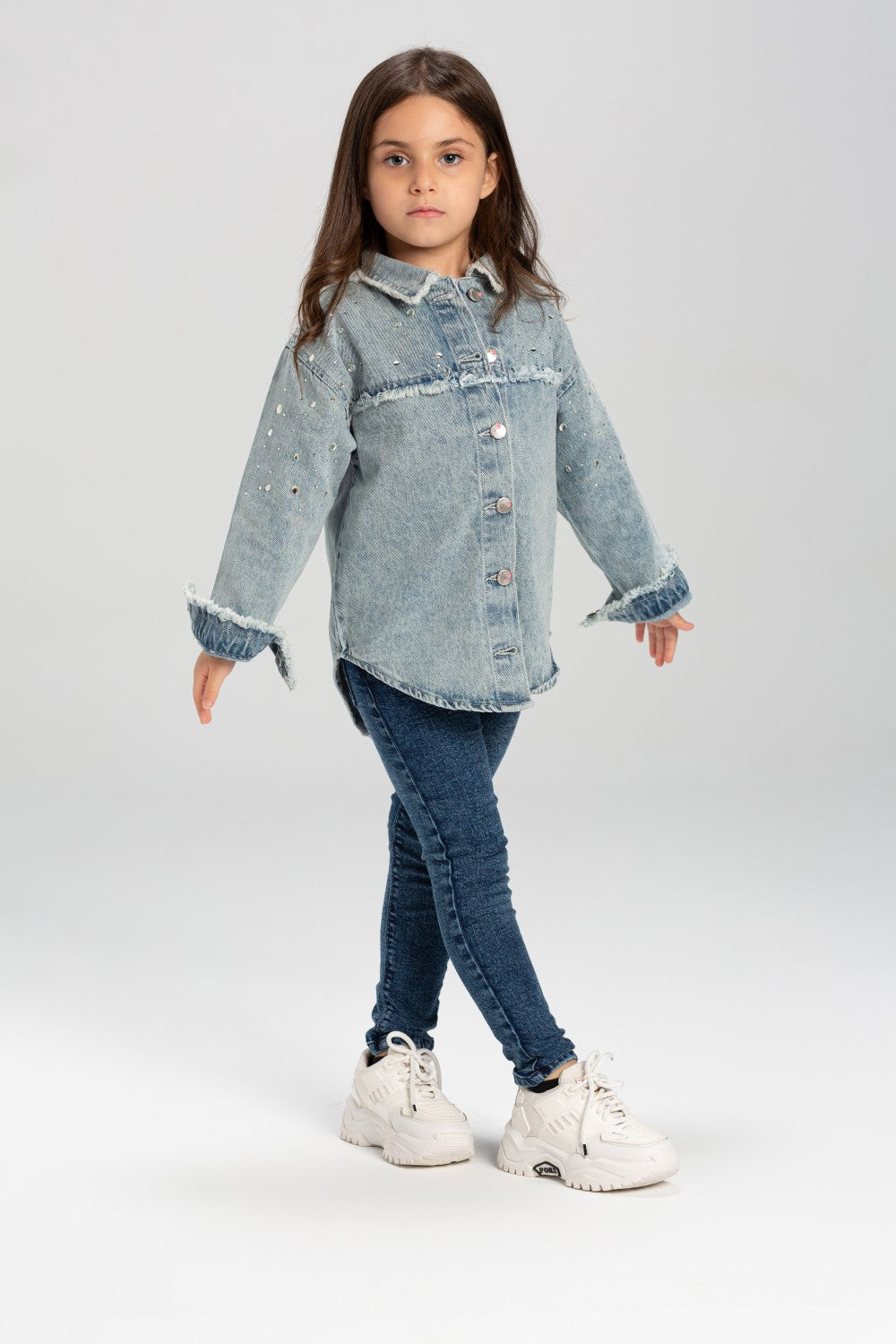 Girl's Denim Front Printed Unique Details Long Sleeves Shirt