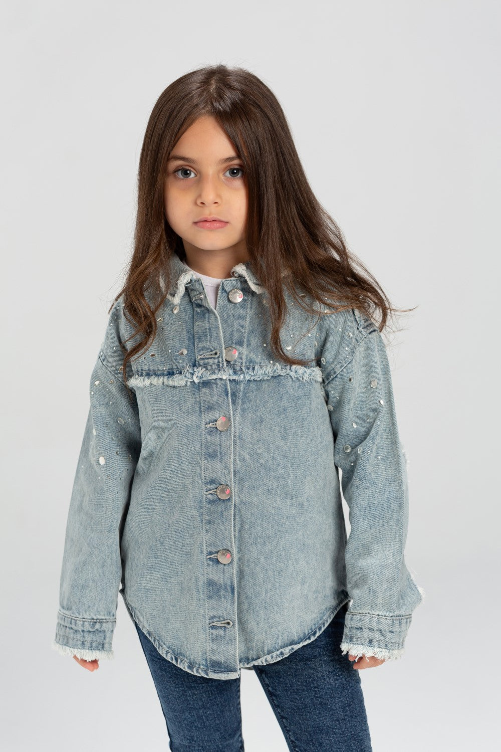 Girl's Denim Front Printed Unique Details Long Sleeves Shirt