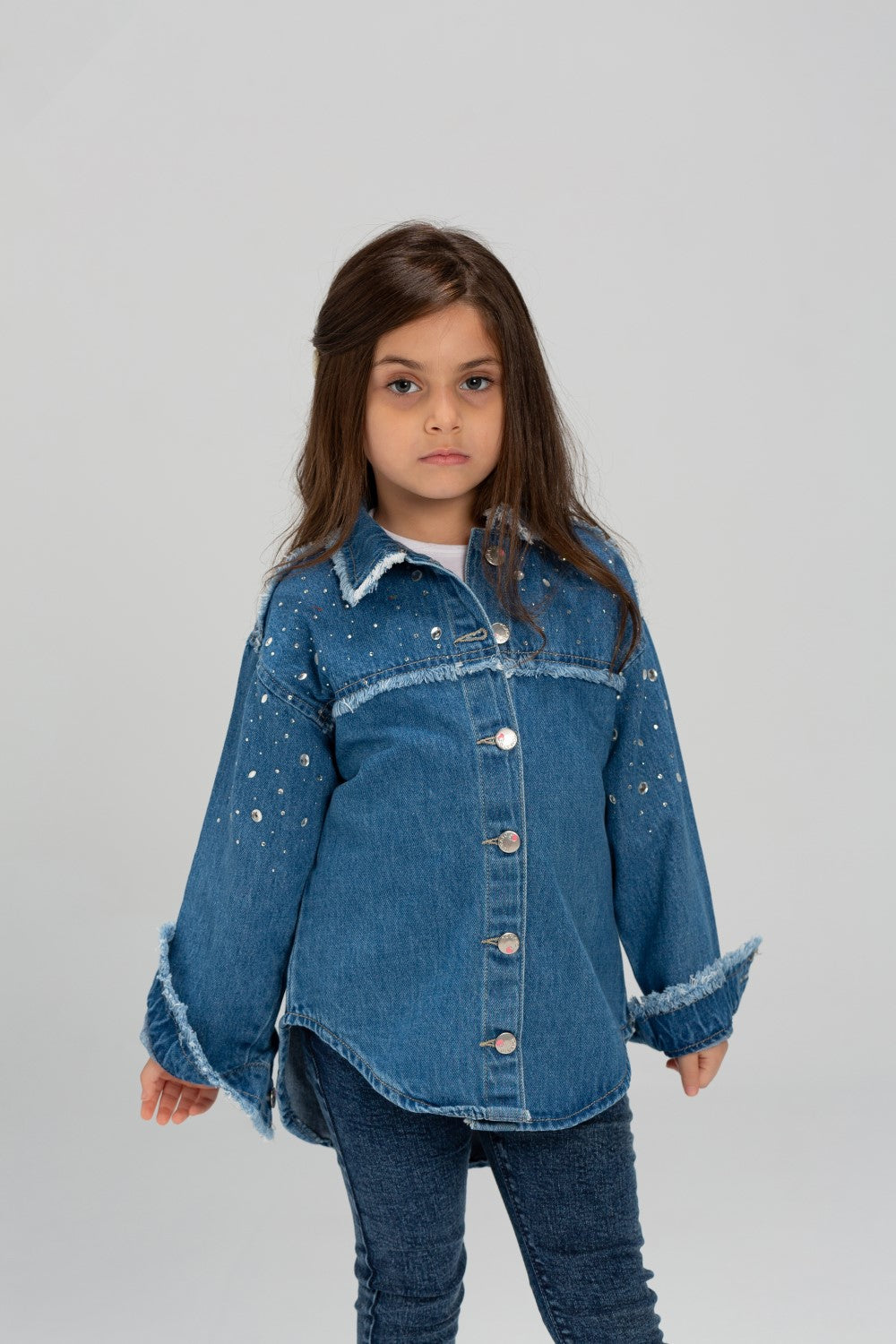 Girl's Denim Front Printed Unique Details Long Sleeves Shirt