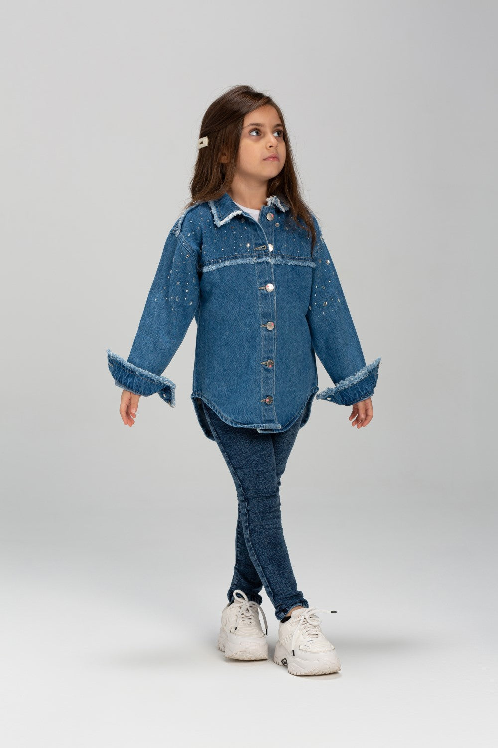 Girl's Denim Front Printed Unique Details Long Sleeves Shirt