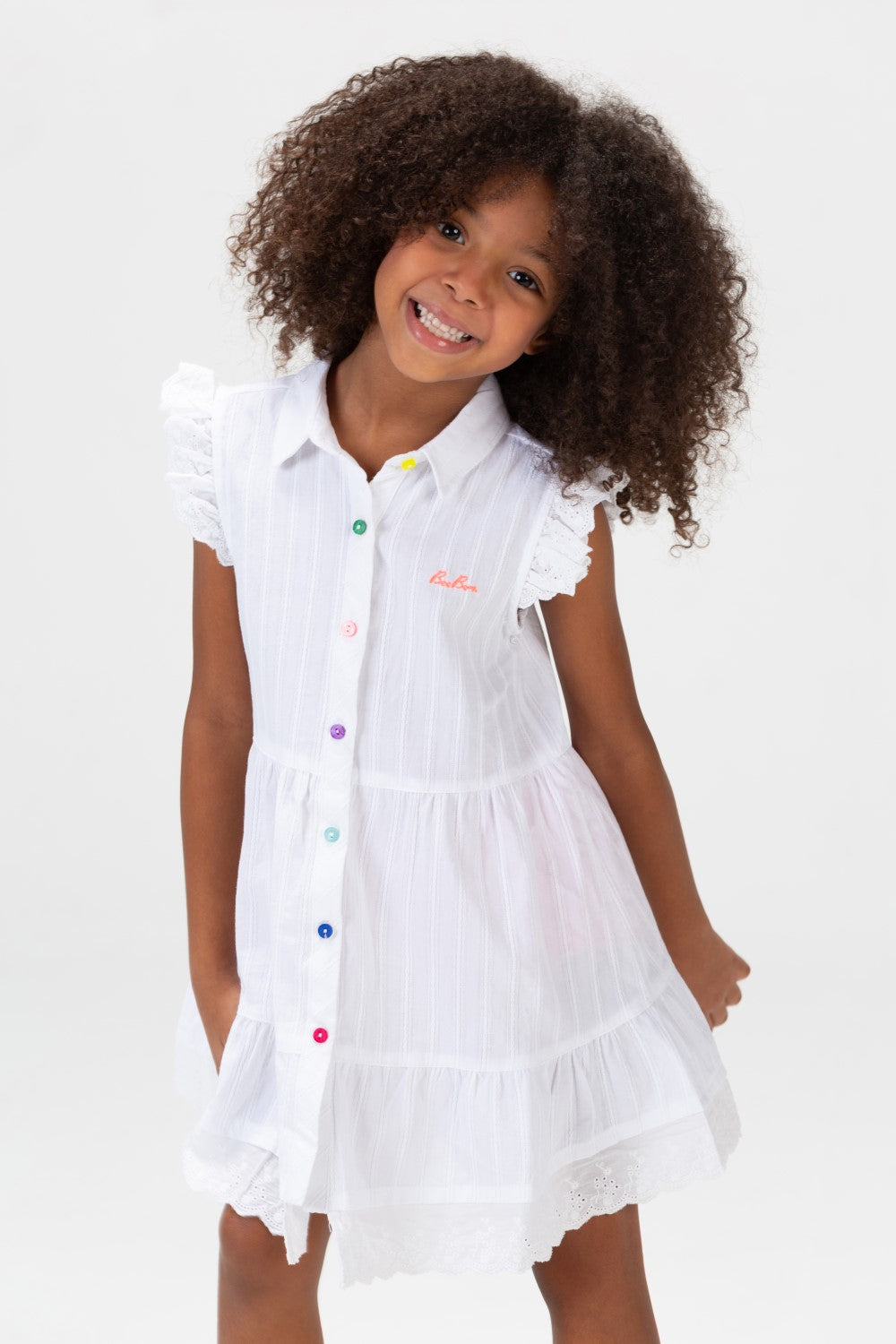 فستان كاجوال بنات بلون Tomato مع أزرار ملونة من الأمام باللون الأبيض