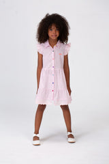 Girls Floral Jacar Dress With Off The Shoulder Ruffles And Colorful Buttons On The Front