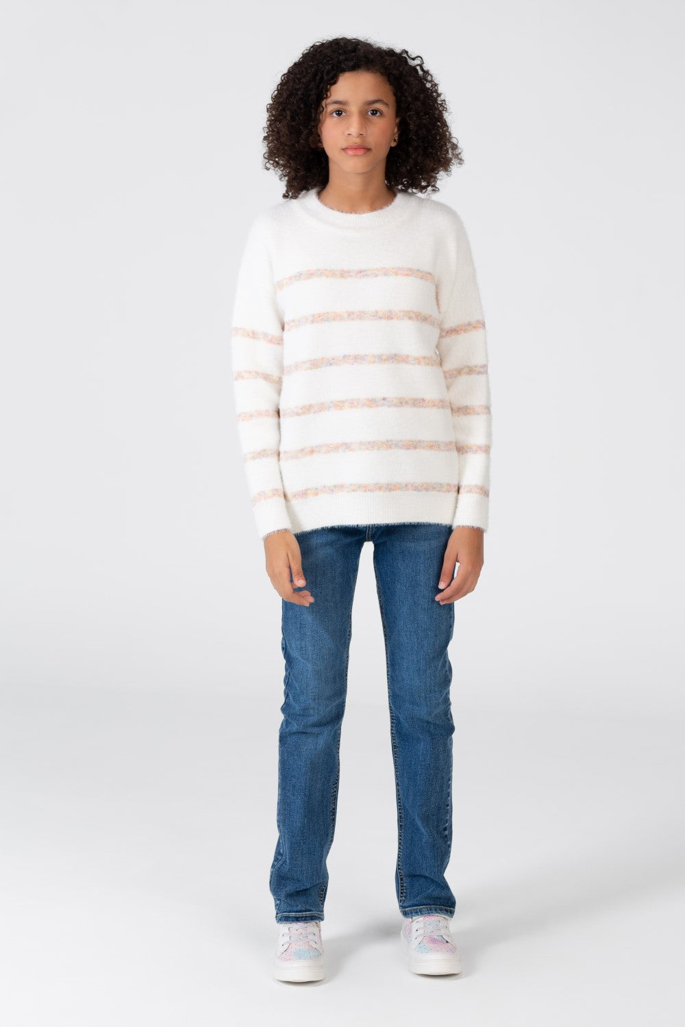 Girl's Striped Round Neck Pullover With Long Sleeves
