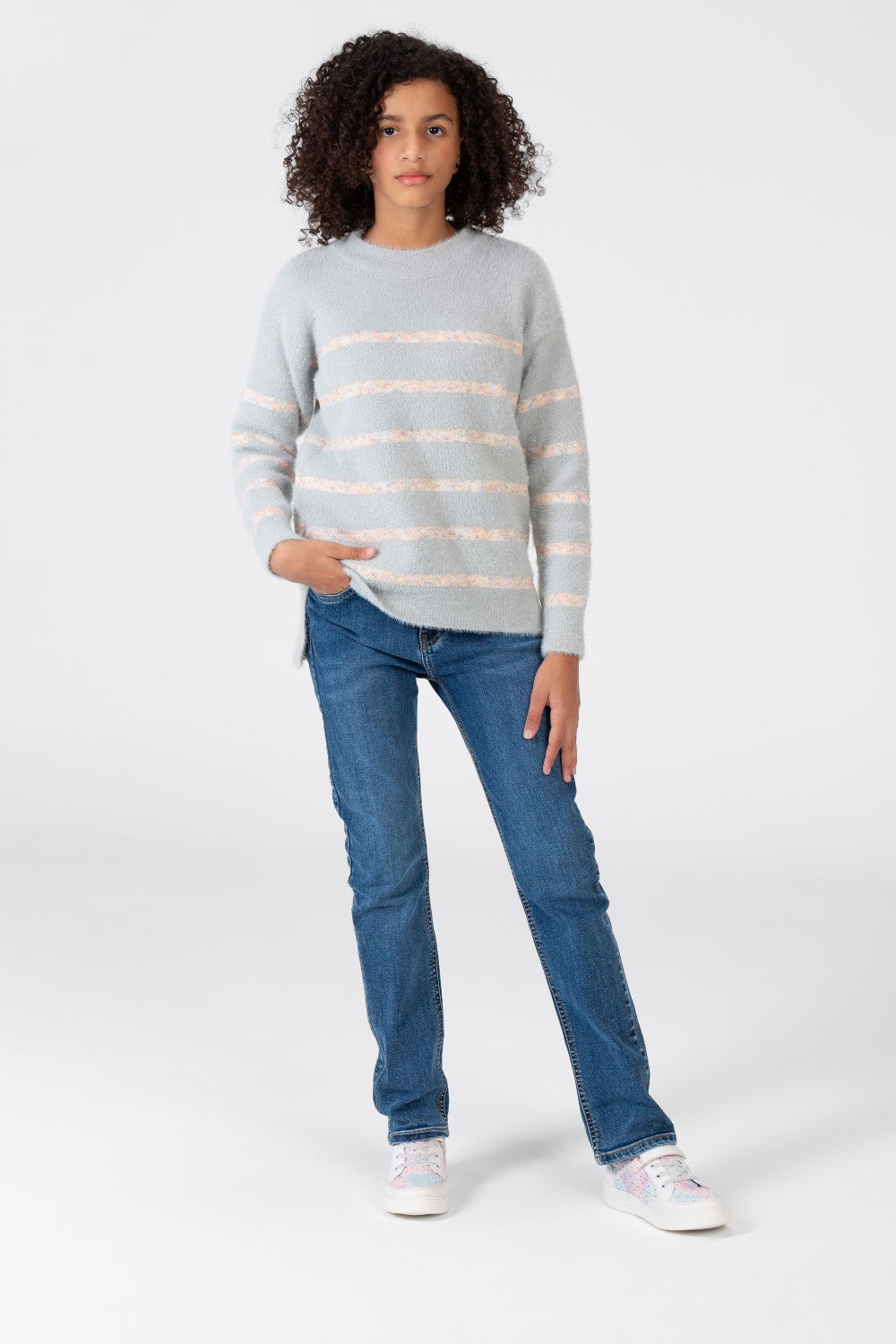 Girl's Striped Round Neck Pullover With Long Sleeves