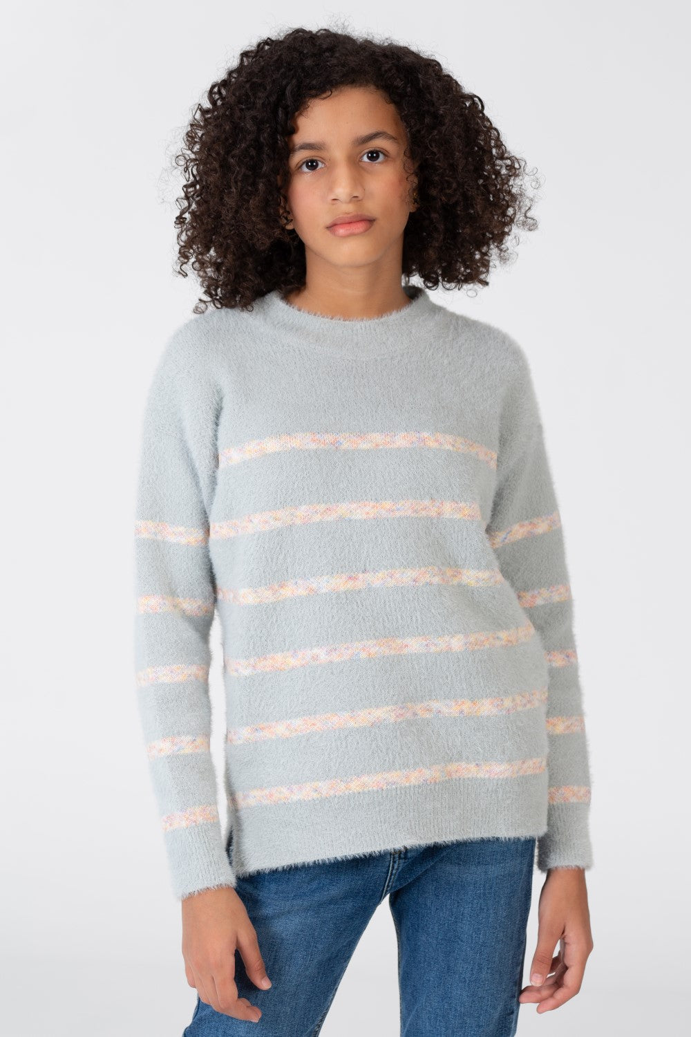 Girl's Striped Round Neck Pullover With Long Sleeves