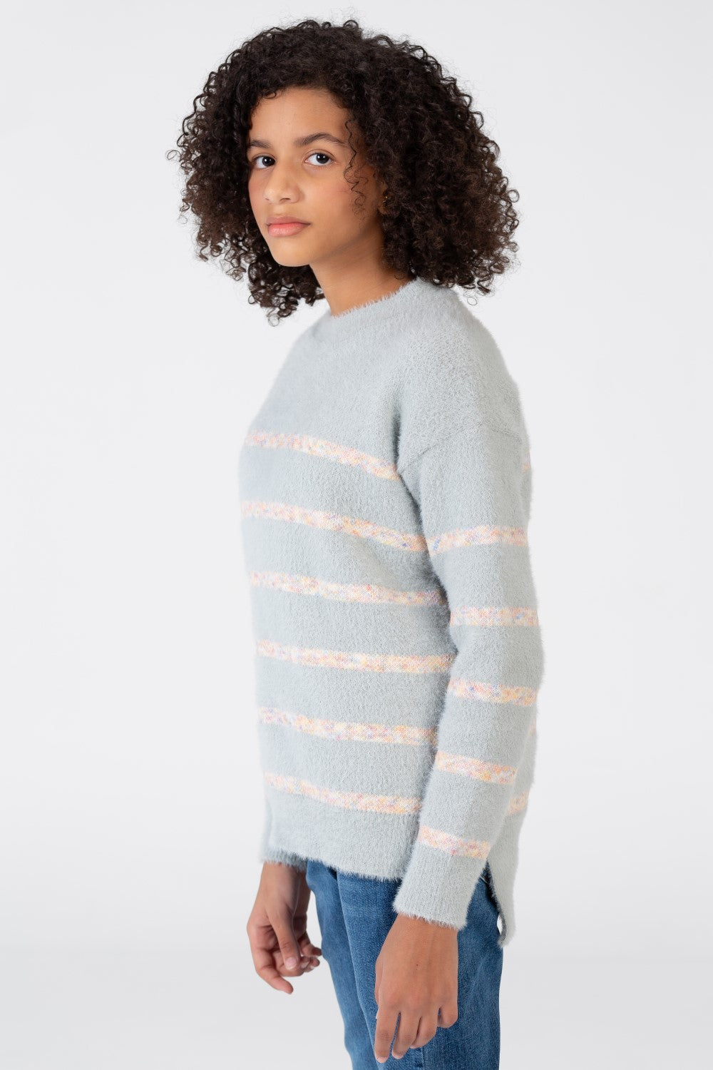 Girl's Striped Round Neck Pullover With Long Sleeves