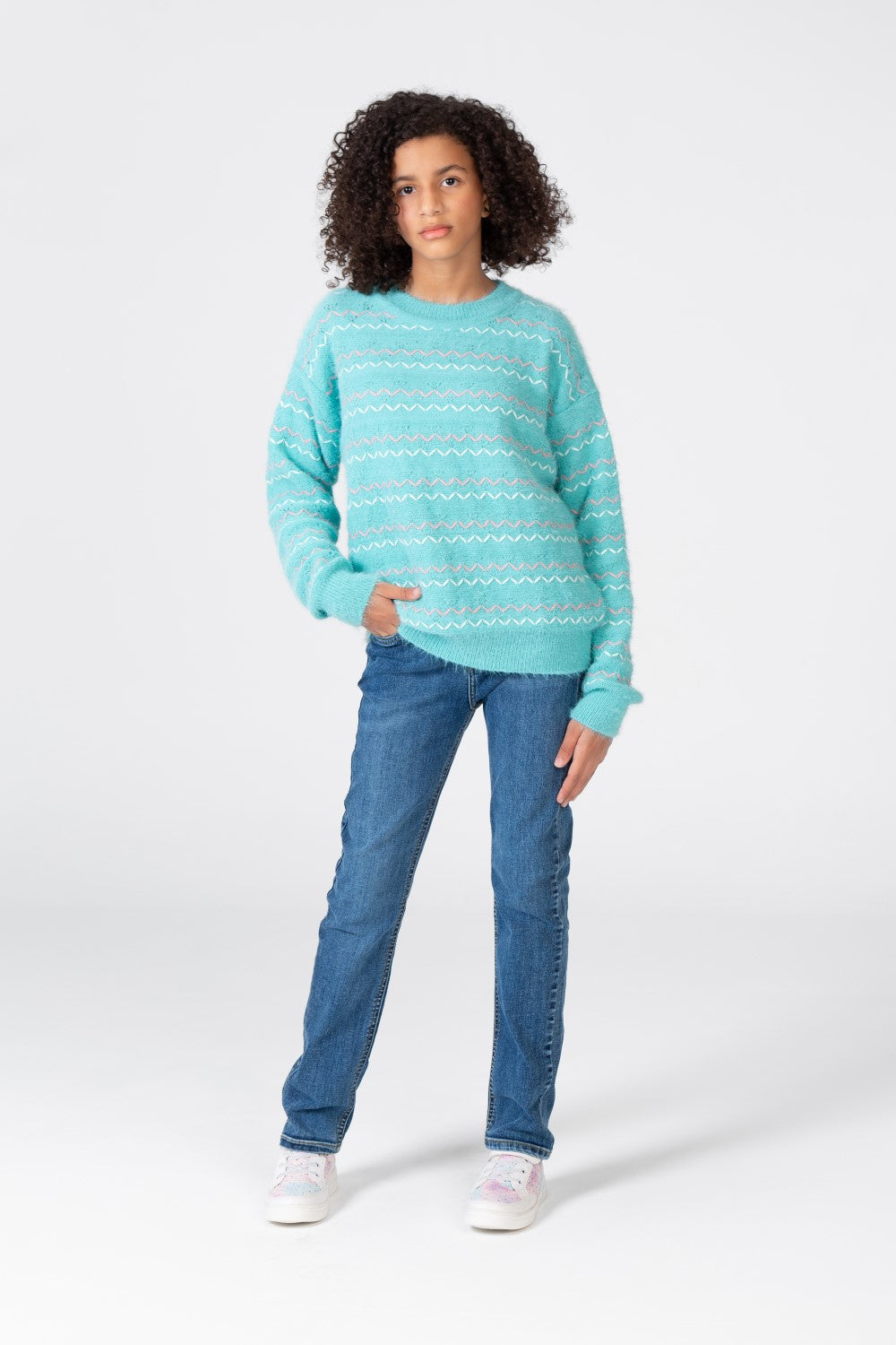 Girl's Striped Pullover With Round Neck And Long Sleeves
