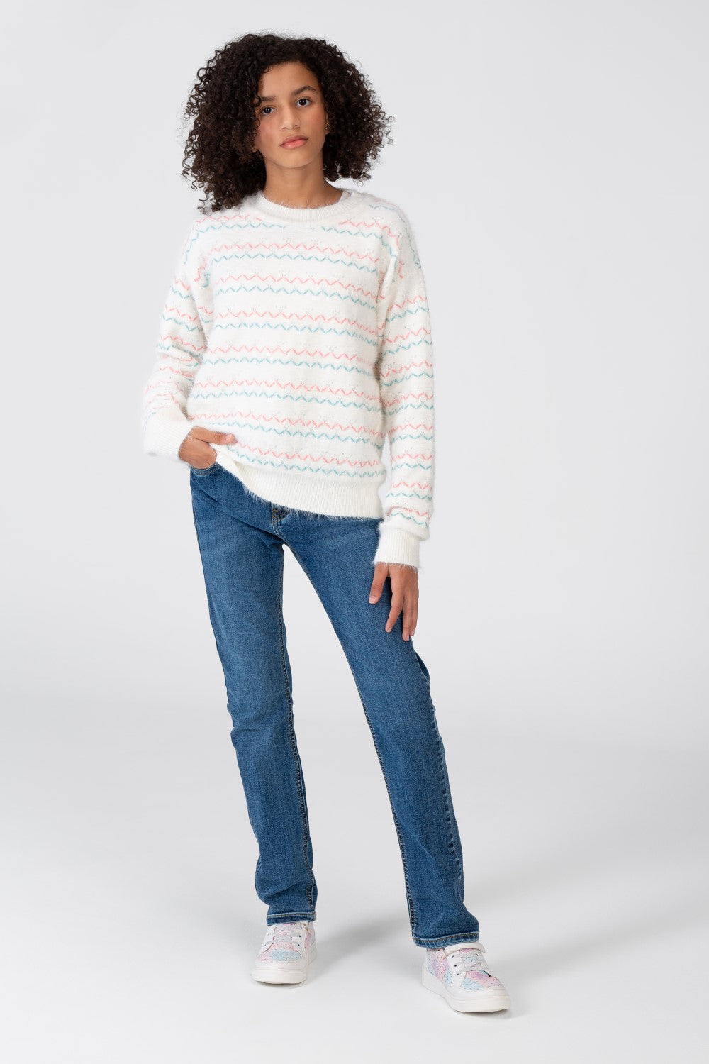 Girl's Striped Pullover With Round Neck And Long Sleeves