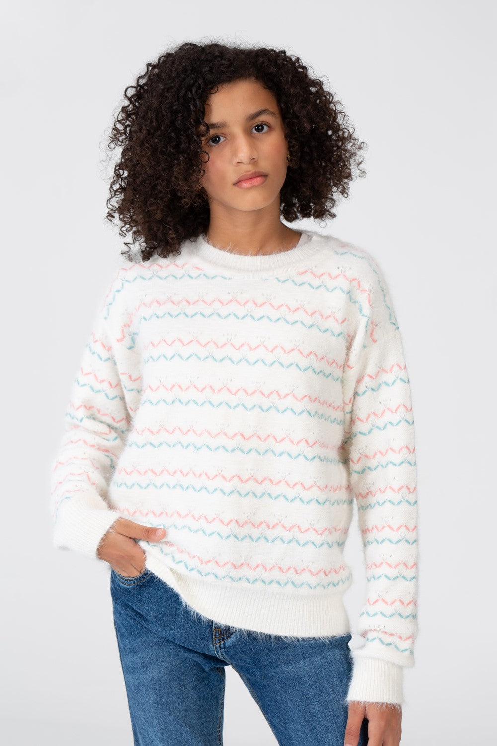 Girl's Striped Pullover With Round Neck And Long Sleeves