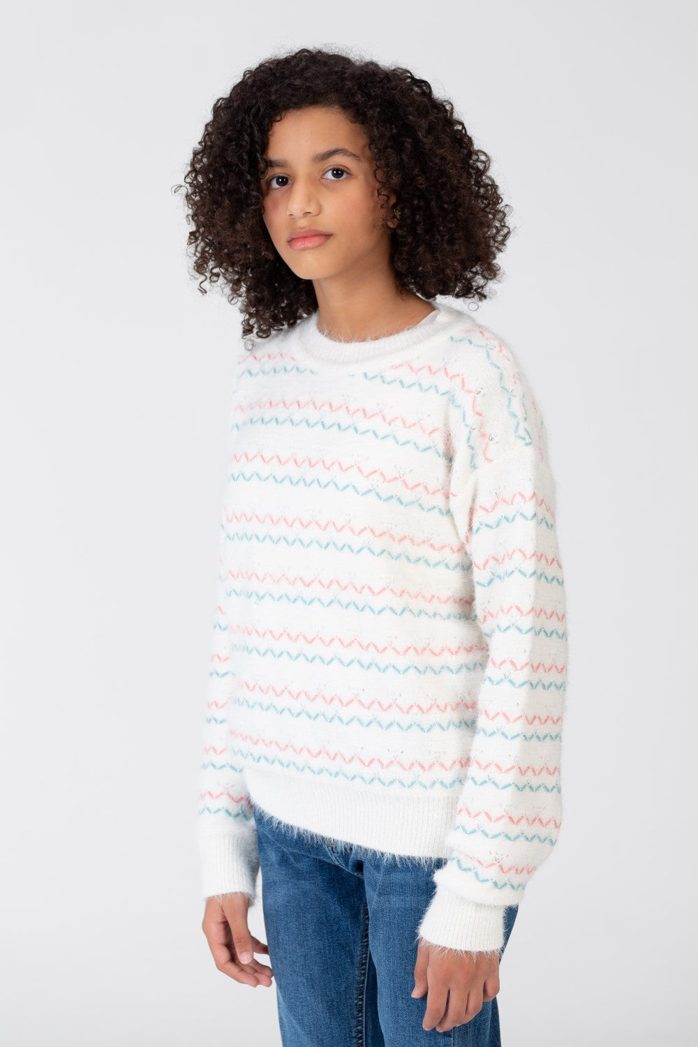 Girl's Striped Pullover With Round Neck And Long Sleeves