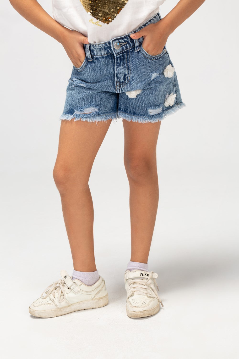 Girls Slouchy Five Pockets Denim Cuting Shorts