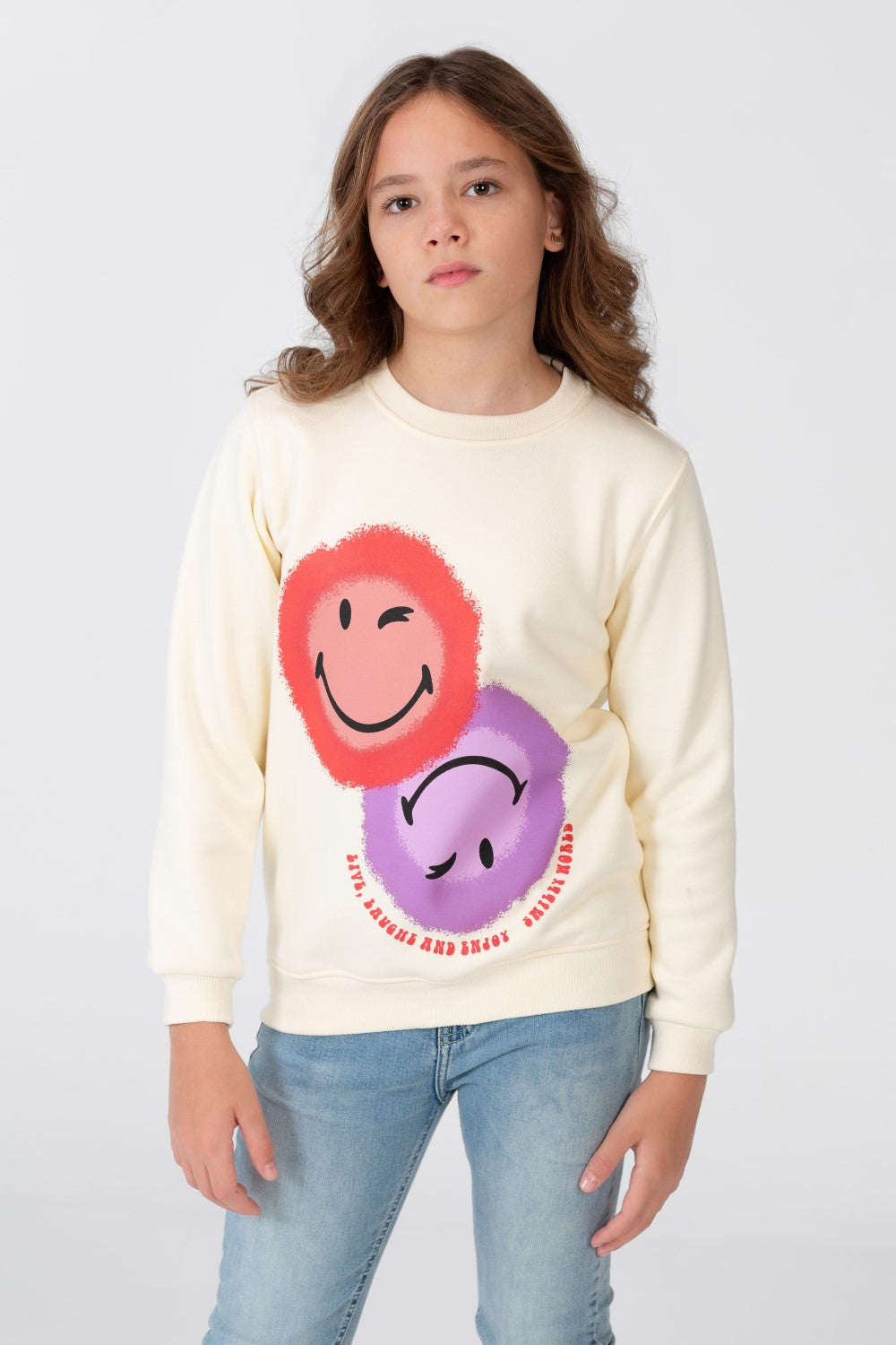 Girl's Sweatshirt With A Round Neck And An Emoji Print On The Front