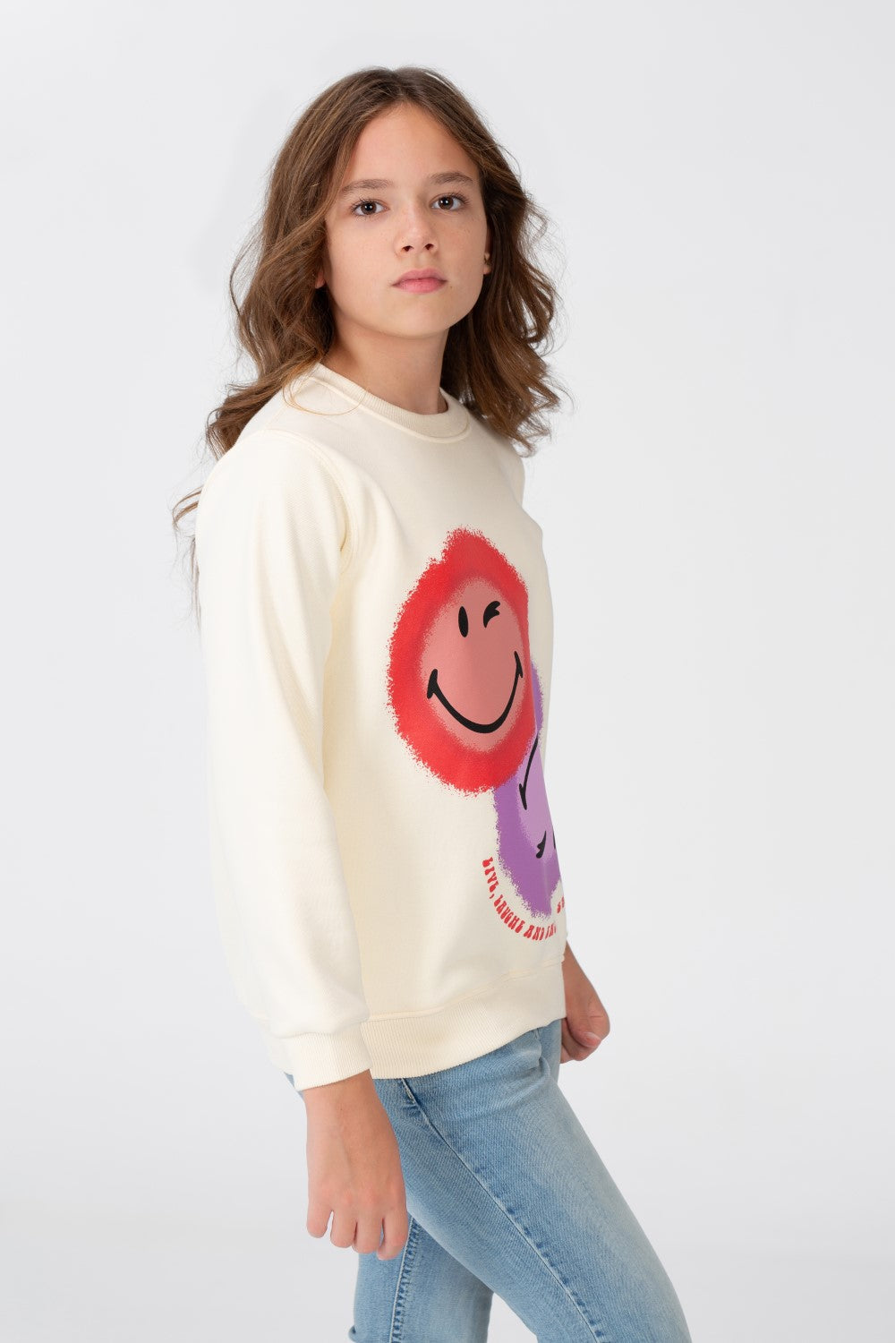 Girl's Sweatshirt With A Round Neck And An Emoji Print On The Front