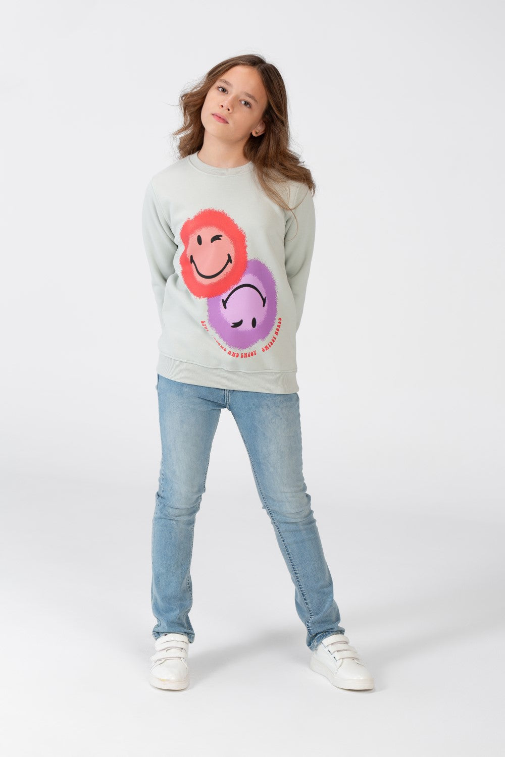 Girl's Sweatshirt With A Round Neck And An Emoji Print On The Front