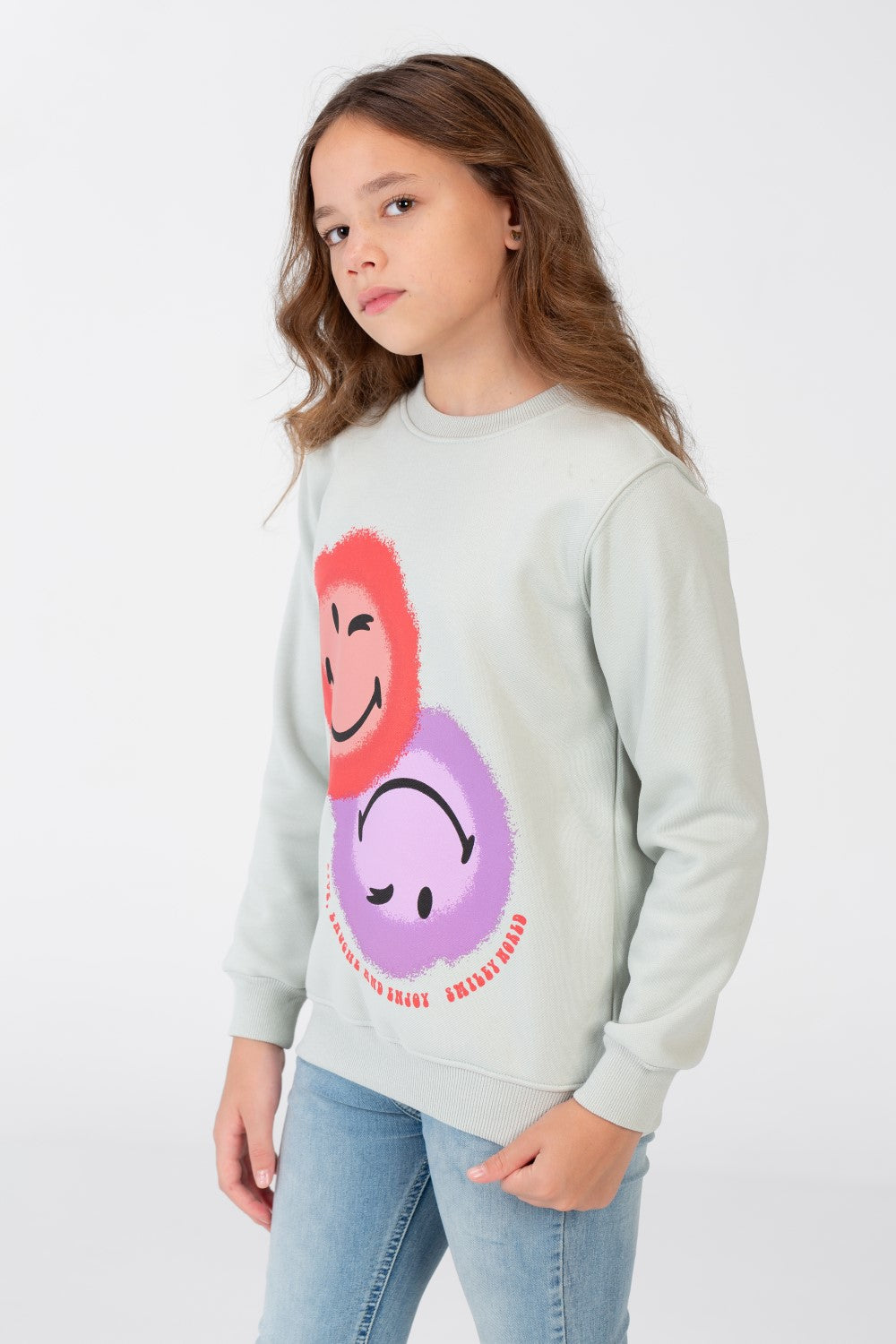 Girl's Sweatshirt With A Round Neck And An Emoji Print On The Front