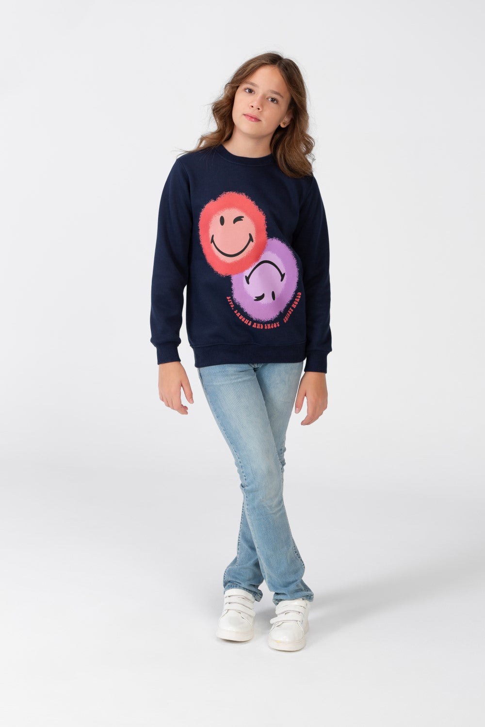 Girl's Sweatshirt With A Round Neck And An Emoji Print On The Front