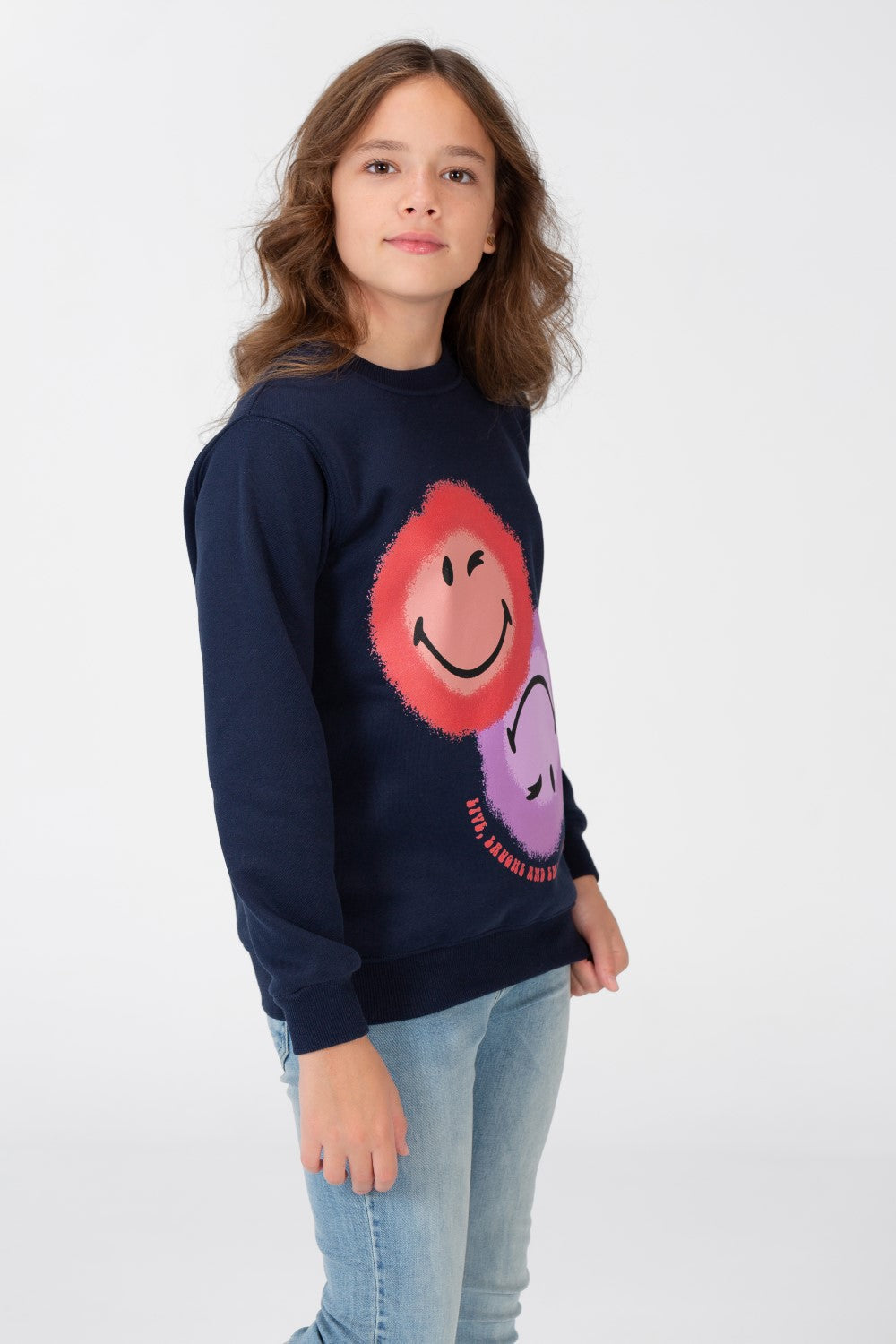 Girl's Sweatshirt With A Round Neck And An Emoji Print On The Front