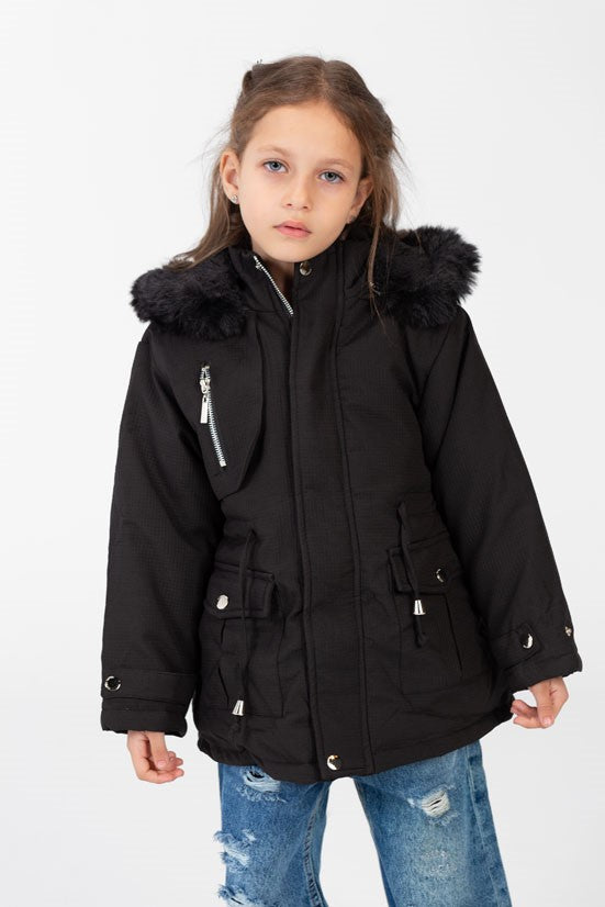 Girl's Gabardine Fur Hood Jacket In Modern Details