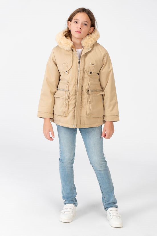 Girl's Gabardine fur Hood Jacket With Pockets