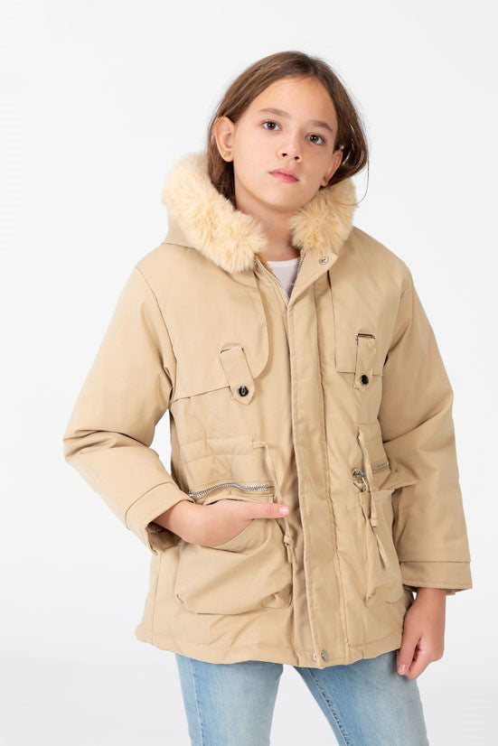 Girl's Gabardine fur Hood Jacket With Pockets