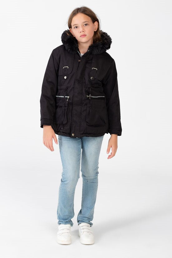 Girl's Gabardine fur Hood Jacket With Pockets