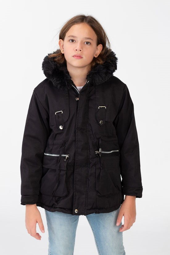 Girl's Gabardine fur Hood Jacket With Pockets