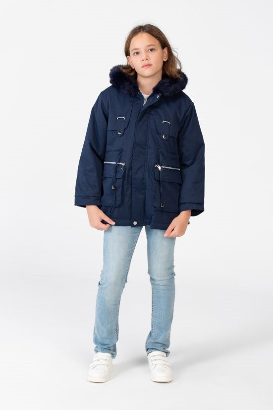 Girl's Gabardine fur Hood Jacket With Pockets