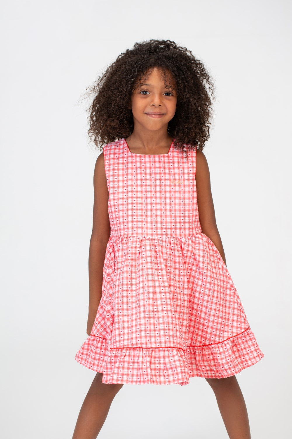 Girls Checkered Knee Length Fabric Cut Dress In Pink
