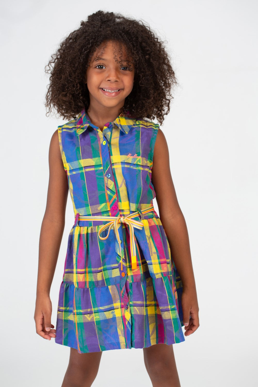 Girls Checkered Yellow Cut Dress With A Collar And Colorful Front Buttons