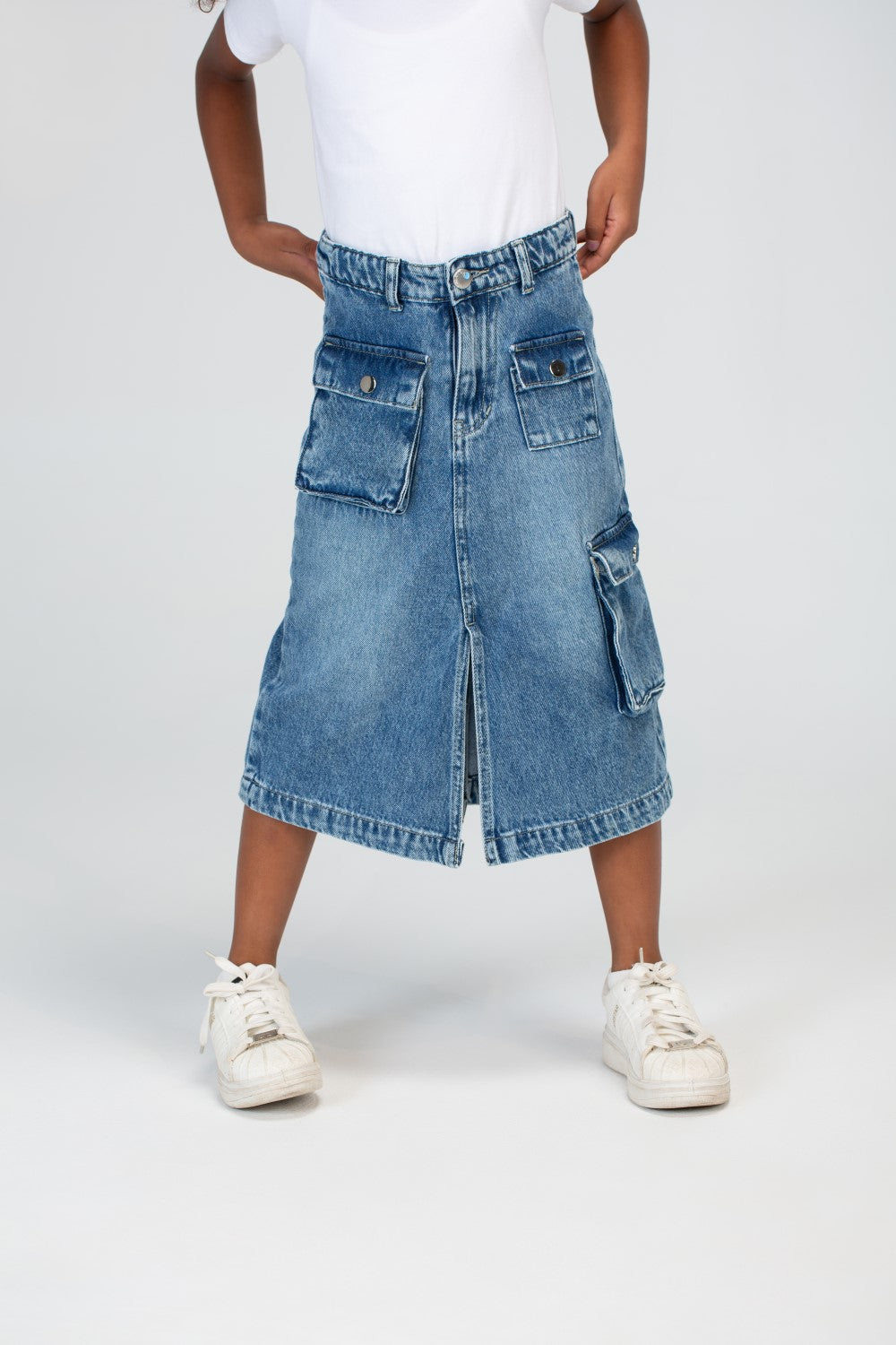 Girls Slouchy Jeans Skirt With A Trendy Pocket And A Unique Cut