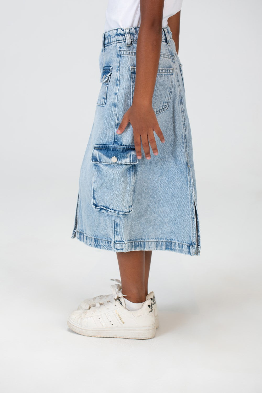 Girls Slouchy Jeans Skirt With A Trendy Pocket And A Unique Cut