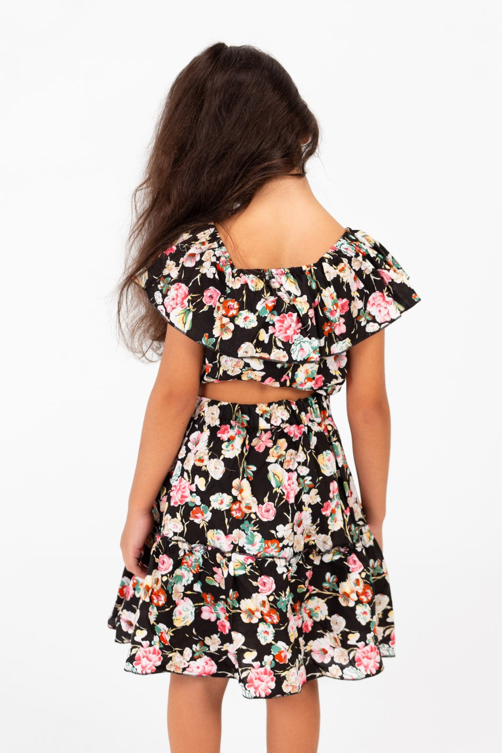 Girl's Cotton Outfit Set Printed Skirt With Ruffles On The Shoulders