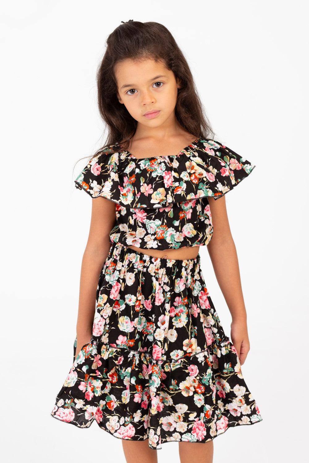 Girl's Cotton Outfit Set Printed Skirt With Ruffles On The Shoulders