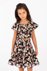 Girl's Cotton Outfit Set Printed Skirt With Ruffles On The Shoulders