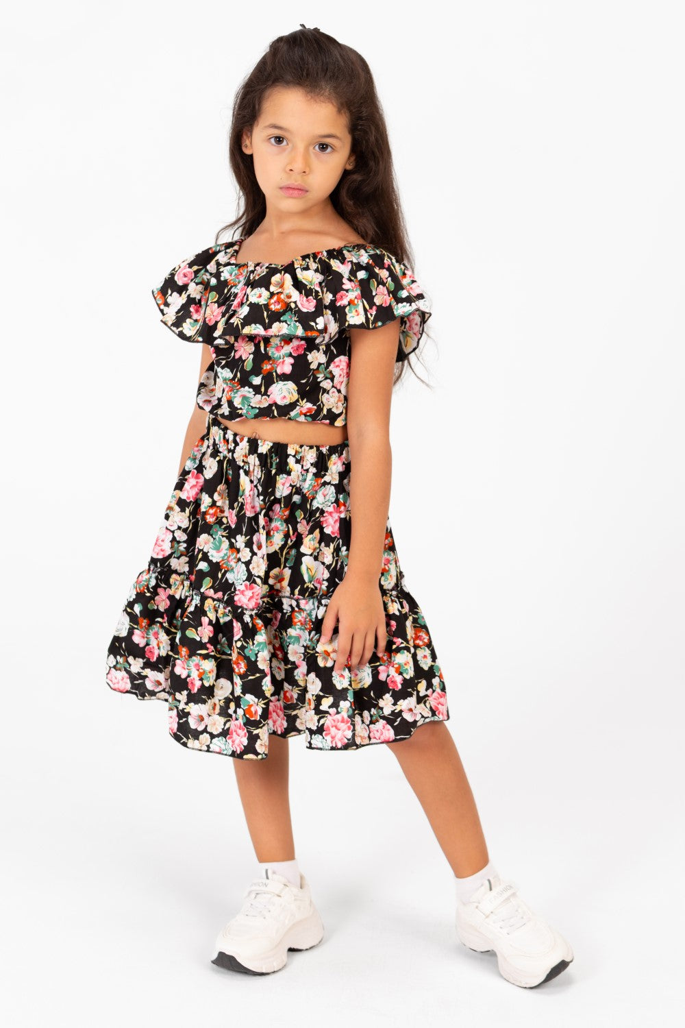 Girl's Cotton Outfit Set Printed Skirt With Ruffles On The Shoulders