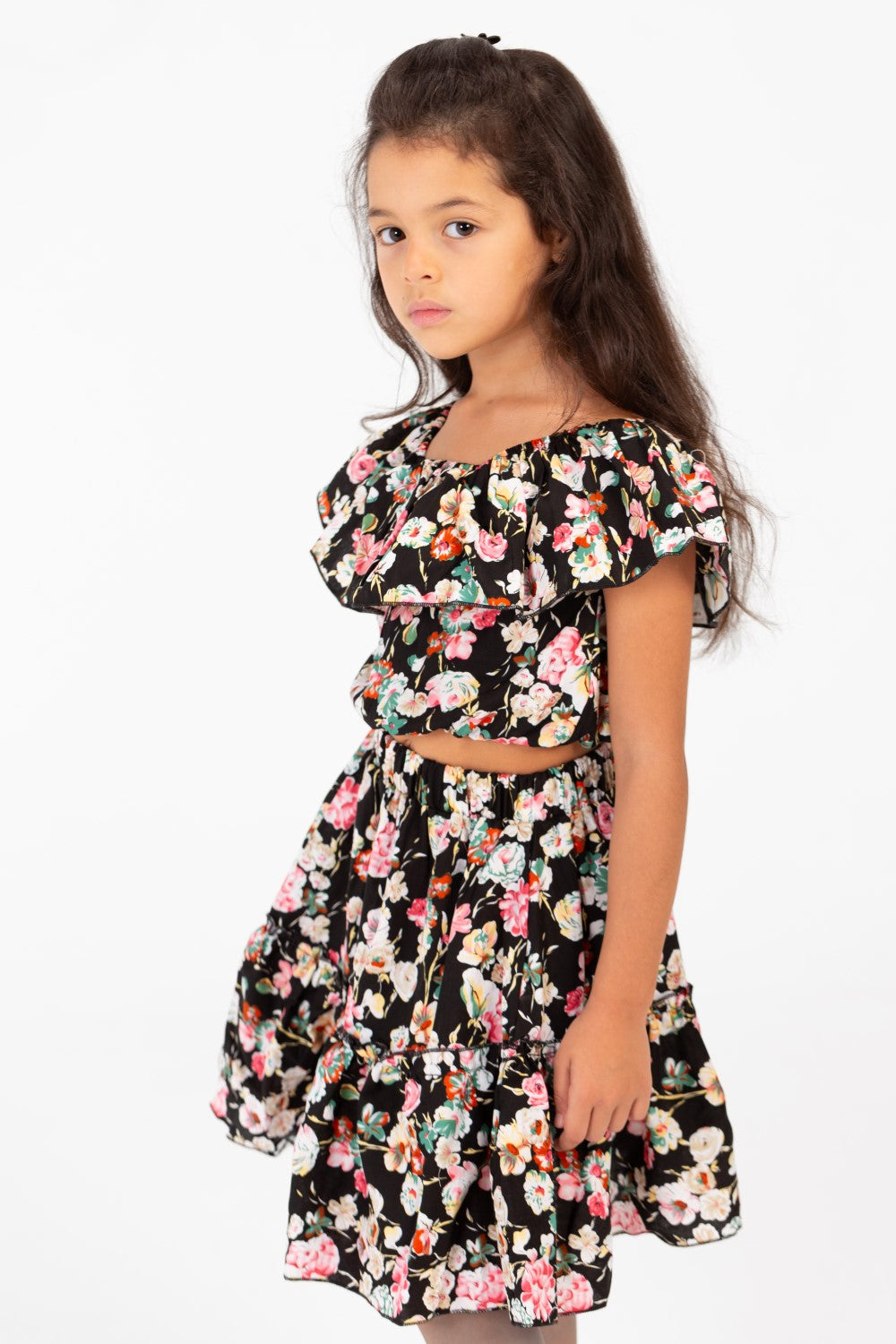 Girl's Cotton Outfit Set Printed Skirt With Ruffles On The Shoulders