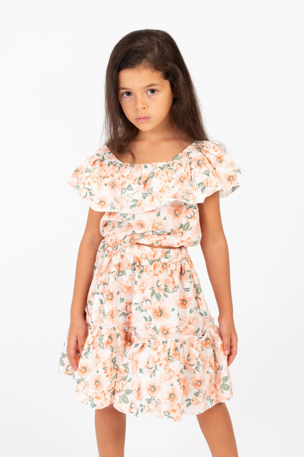 Girl's Cotton Outfit Set Printed Skirt With Ruffles On The Shoulders