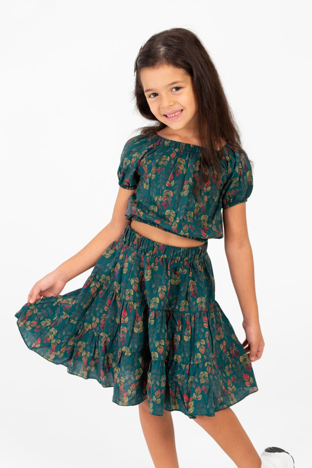 Girl's Summer Wooded Cotton Outfit Set Skirt With A Modern Casual Design