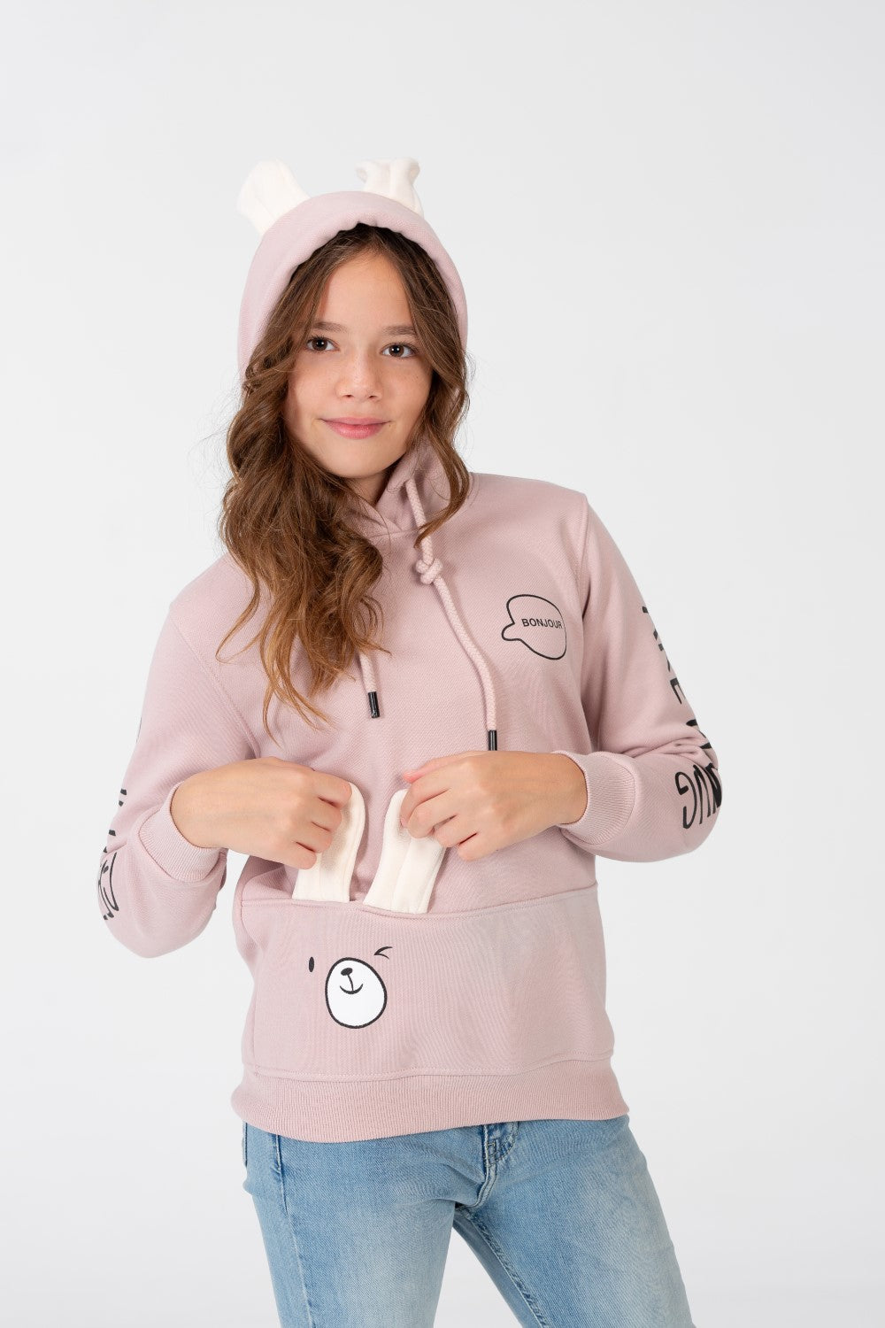Girl's Sweatshirt With A Text Print On The shoulder And Hood