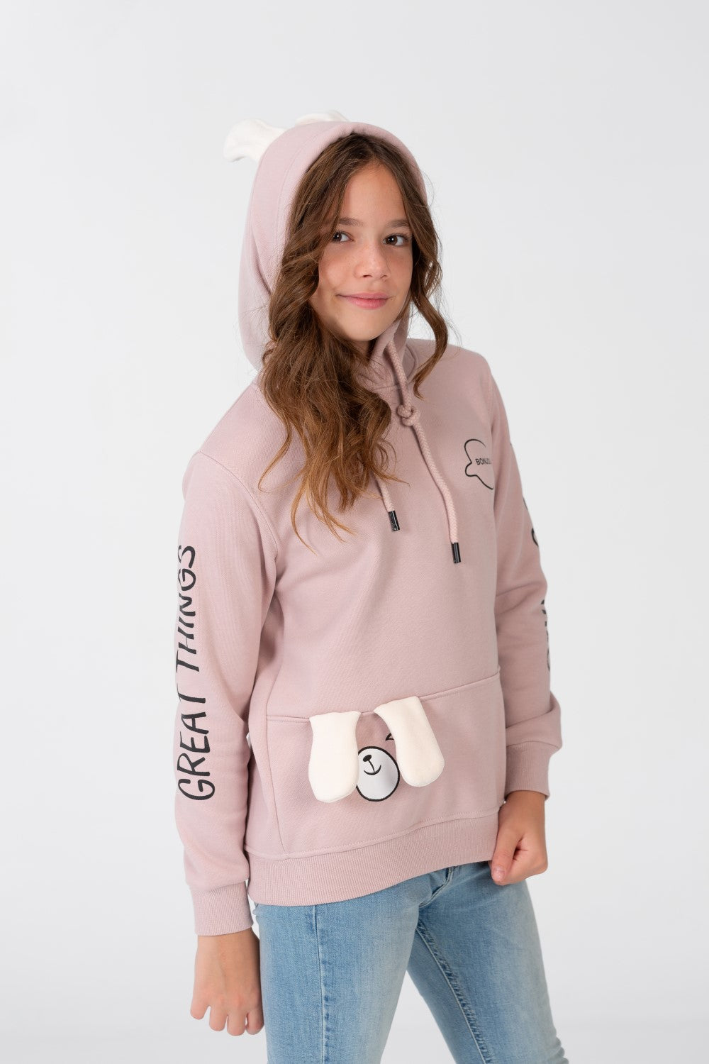 Girl's Sweatshirt With A Text Print On The shoulder And Hood