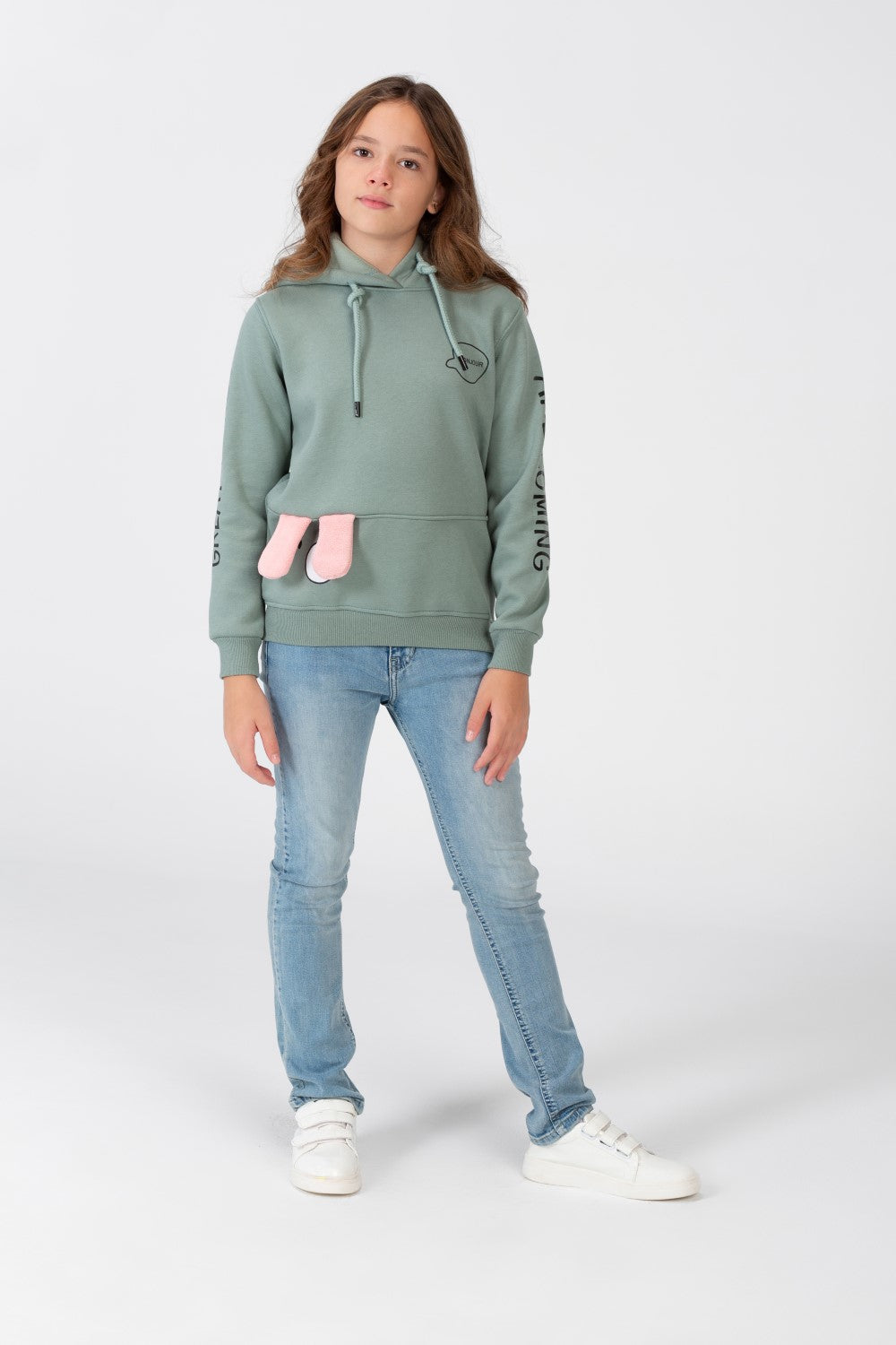 Girl's Sweatshirt With A Text Print On The shoulder And Hood