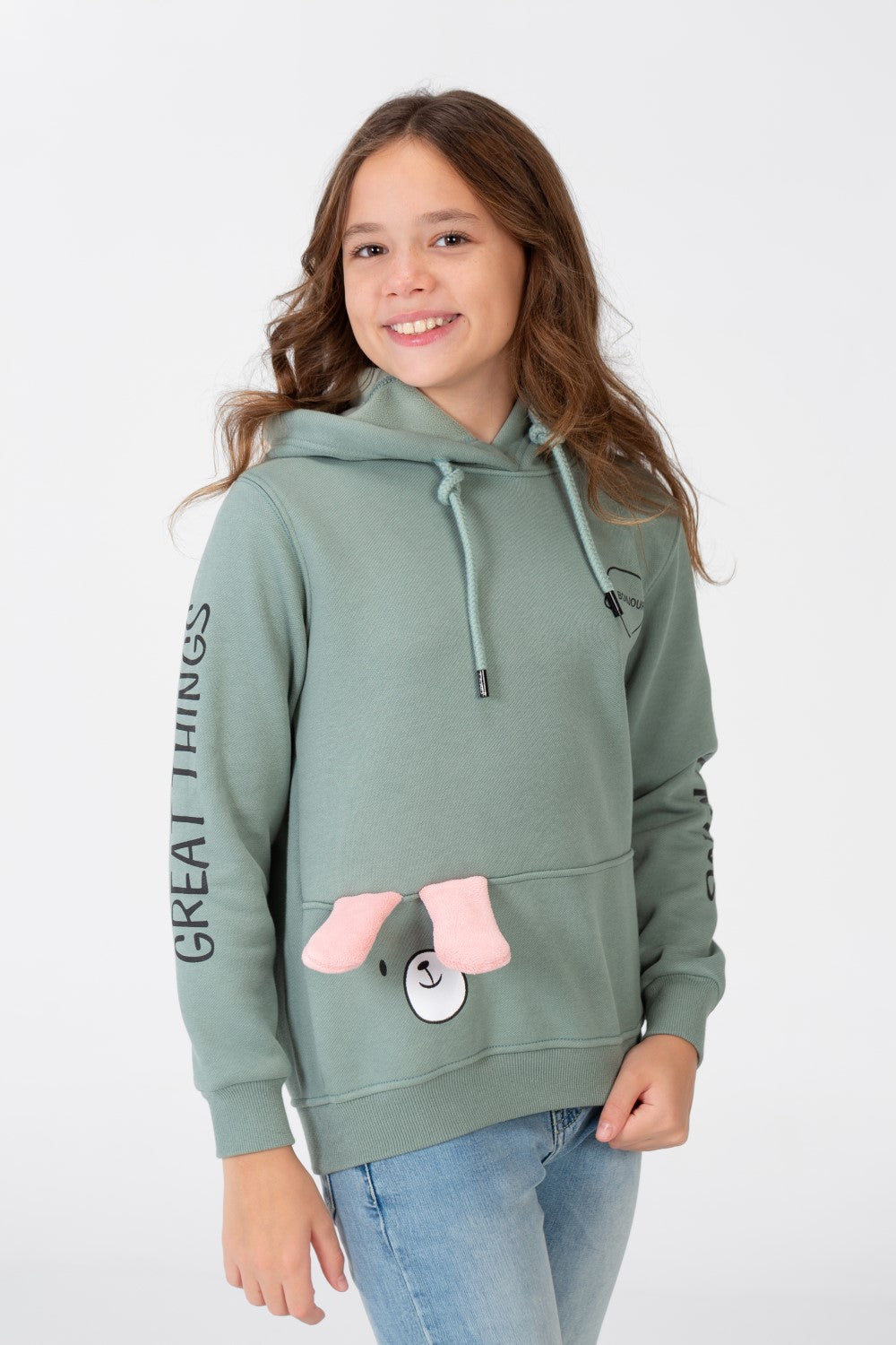 Girl's Sweatshirt With A Text Print On The shoulder And Hood