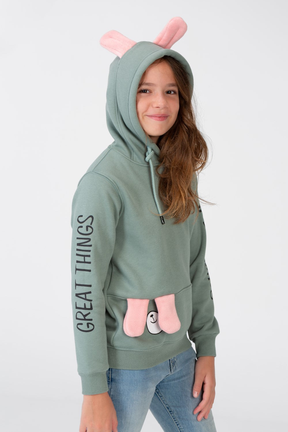 Girl's Sweatshirt With A Text Print On The shoulder And Hood