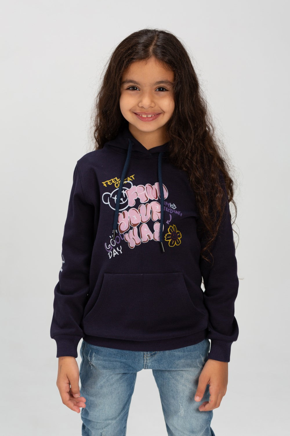 Girl's Hooded Crew Neck Long Sleeves Front Printed Padded Sweatshirt