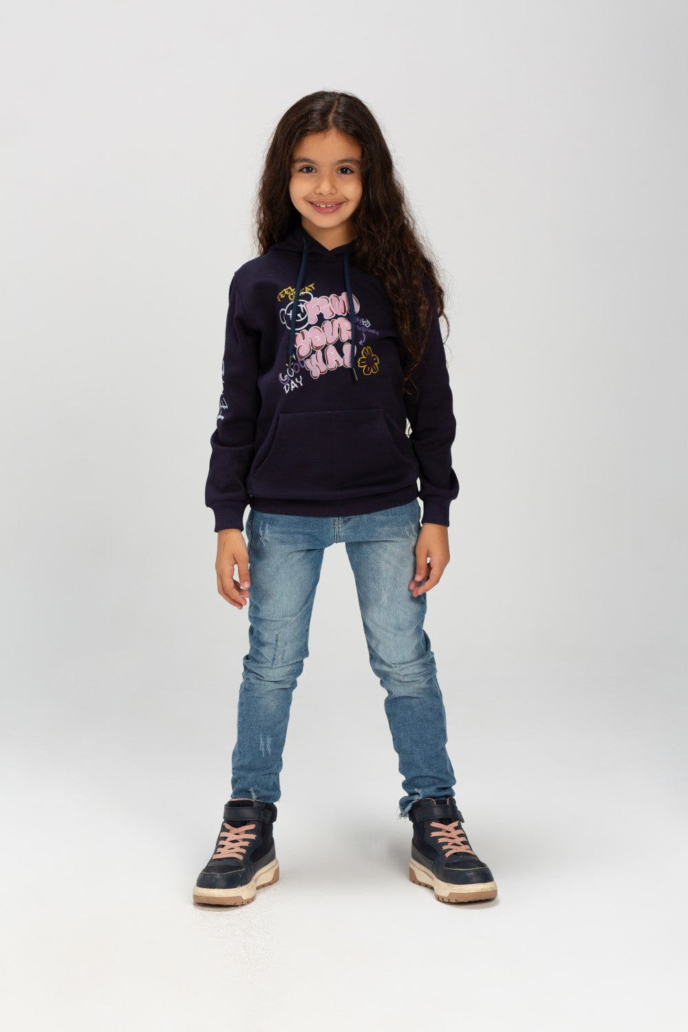 Girl's Hooded Crew Neck Long Sleeves Front Printed Padded Sweatshirt